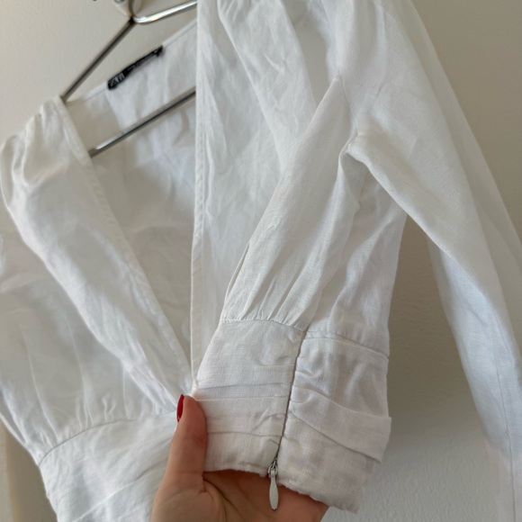 Zara Womens Sz XS White 100% Linen Drape Long Sleeve Deep V Neck Crop Top - Picture 5 of 7